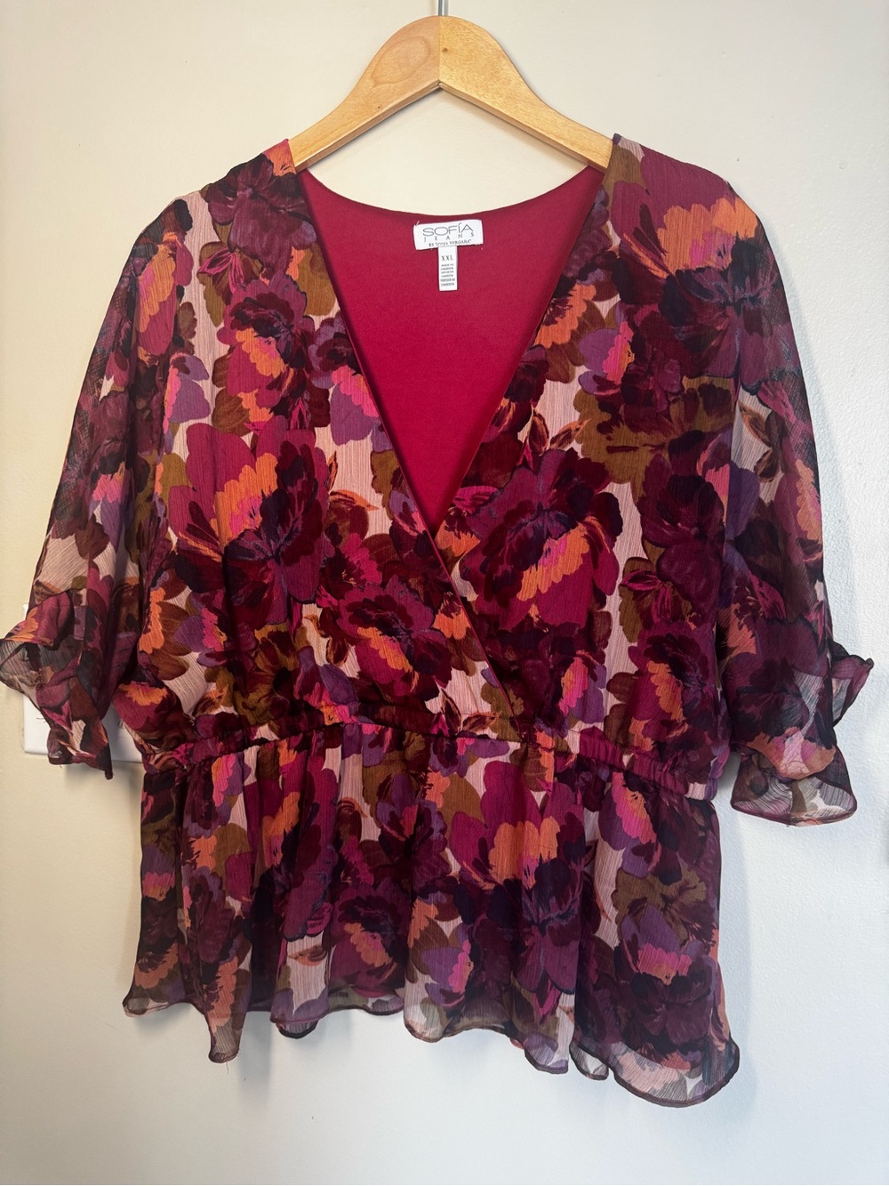 Sofia Vergara 2Xl Floral V-Neck Peplum Blouse -Burgundy Multi Casual office-wear